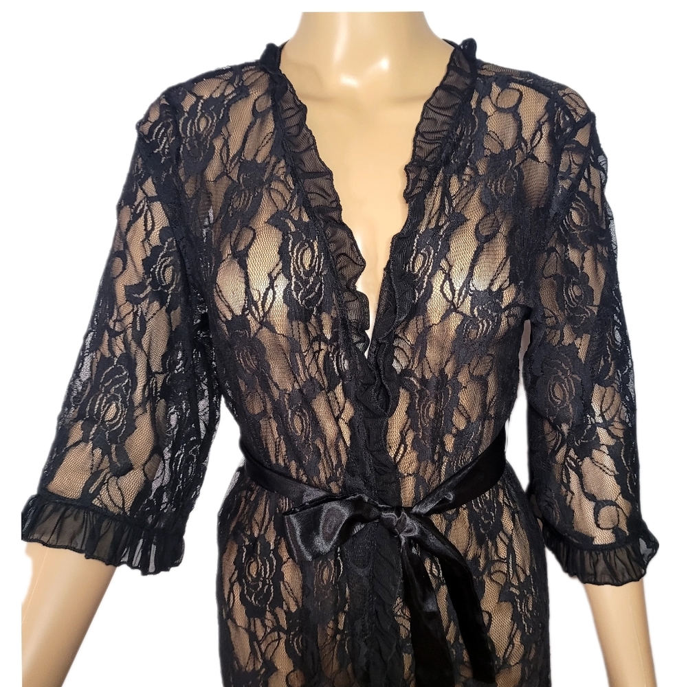 Sexy Lingerie Dressing Gown, Size M - Black Sheer Lace Robe